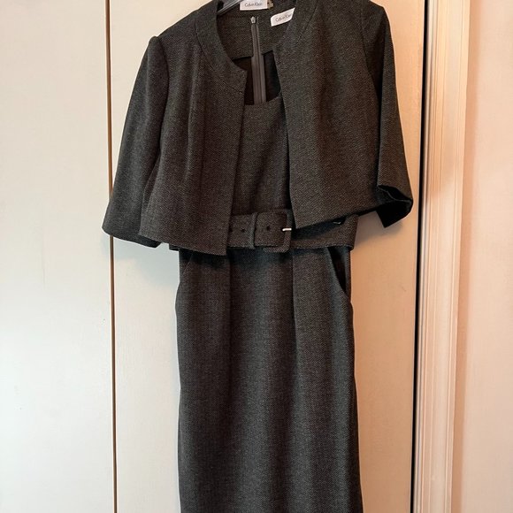 Calvin Klein Dress Herringbone Belted Dress w/Short Jacket - 10 - Picture 1 of 9